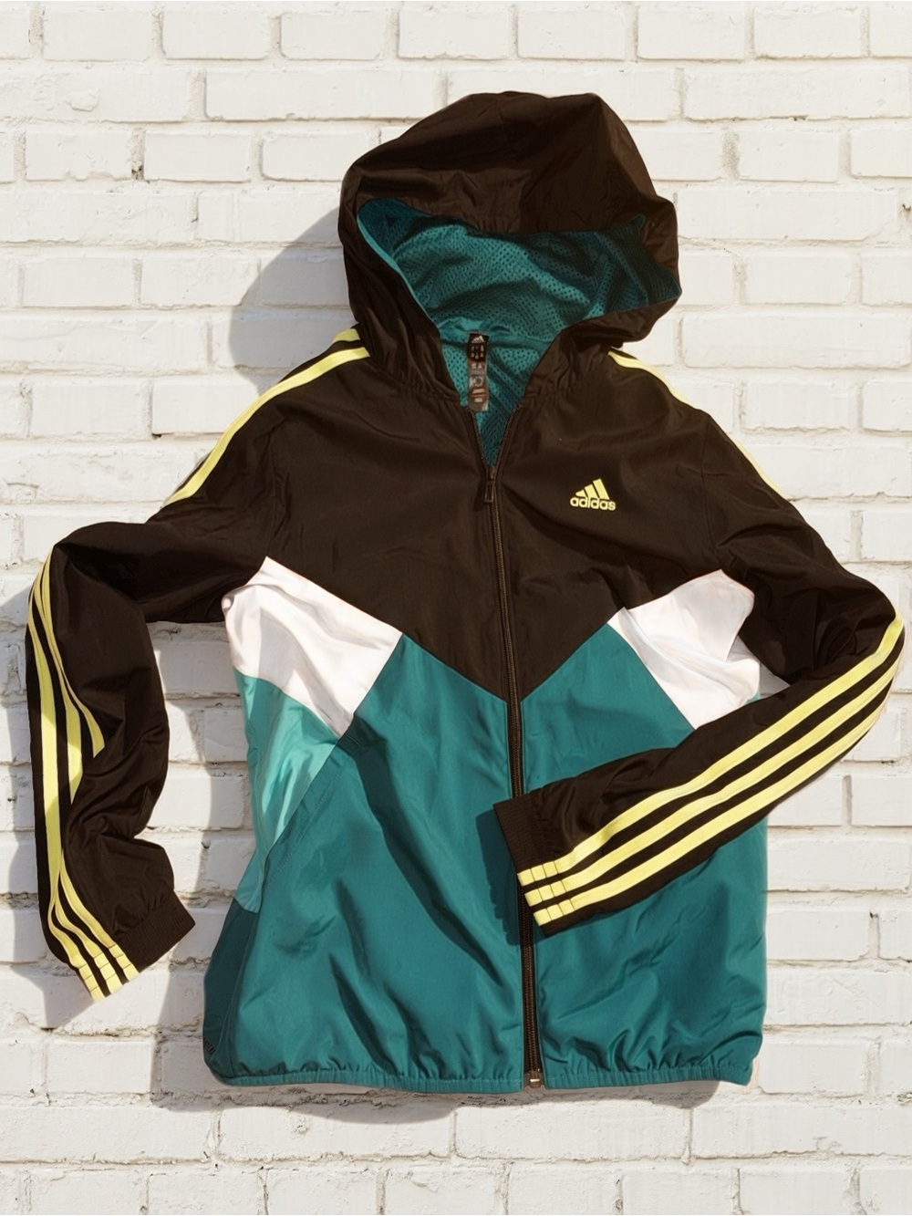 Adidas Vintage Inspired Women’s Teal & Black Hooded Windbreaker Track Zip Jacket